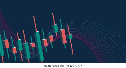Market candlestick chart background. Rising and falling waves. Vector illustration of banner on economy. 