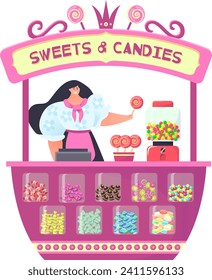 Market candy shop with flat woman seller isolated on white vector illustration. Store with sign, retail business sale cute cartoon candy at street. People character in stall food booth.