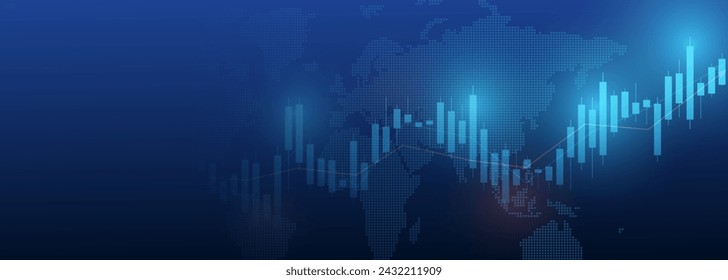 Un gráfico de mercado de un negocio global, un gráfico de un aumento en las acciones o datos financieros de inversión en un fondo azul. Tendencia ascendente del gráfico. Vector EPS 10.