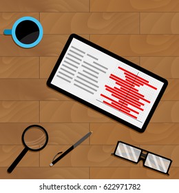 Market chart statistic on tablet screen, vector profit document flowchart illustration