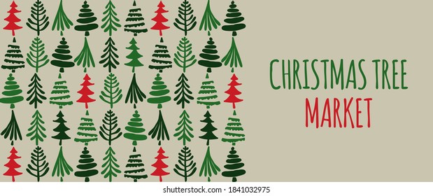 Market for Christmas trees horizontal banner. Christmas background. Vector illustration.