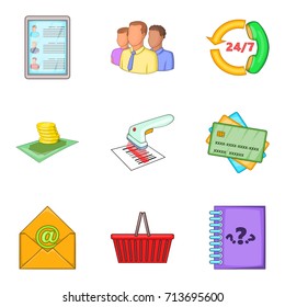 Market client support icon set. Cartoon set of 9 market client support vector icons for web design isolated on white background
