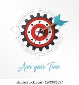 Market clock with an arrow that hit the middle of the marketing target, vector illustration