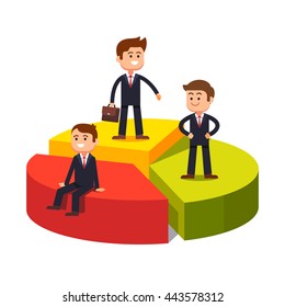 Market competition. Competing business sectors concept represented by pie chart with standing and sitting on their sectors businessman.