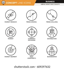 Market concepts theme line vector icons in white isolated