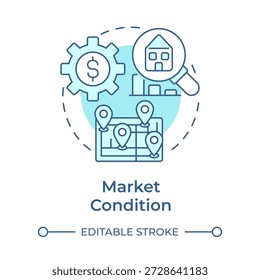 Icono de concepto azul suave de condición de mercado. Inversión inmobiliaria, búsqueda de inmuebles. Estrategia financiera. Ilustración de línea de forma redonda. Abstractas idea. Diseño gráfico. Fácil de usar en la presentación, folleto