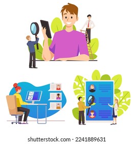 Analistas de comportamiento de mercado y consumidores conjunto de personajes de dibujos animados, ilustración plana vectorial aislada en fondo blanco. Estudiar el comportamiento de los compradores y visitantes del sitio.