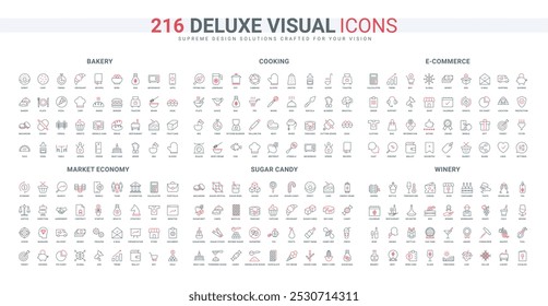 Market contracts and trend search, global economy, bakery and winery catalog line icon set. Chefs equipment and apron, retail shop mobile app thin black and red outline symbols vector illustration