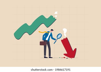 Market crash analysis, learn from failure or crisis and recession data, analyze or measure investment downturn concept, businessman analyst using magnification glass to look at red crash graph arrow. - Shutterstock ID 1984617191