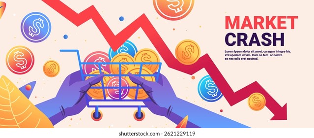 Market crash shopping cart coins falling red downward graph financial crisis concept colorful background website banner