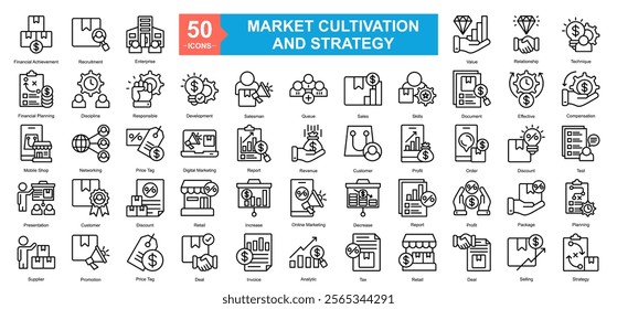 Market Cultivation And Strategy Icon Sheet Supplier, Promotion, Price Tag, Deal, Invoice, Analytic, Tax, Retail, Deal, Selling, Presentation, Customer, Discount, Retail, Increase, Online Marketing