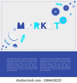 Market design concept in shades of blue. Vector banner with text.