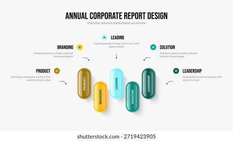 Desarrollo de mercado Diseño de marco de diagrama de cinco pasos. Ilustración vectorial de Plantilla de diapositivas de análisis moderno. Perfil de ventas Diseño de presentación infográfica de 5 elementos.