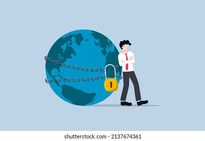 Market dominance or monopoly company concept. Possession or control of supply or trade in goods or services. Businessman chained and padlocked the world metaphor for monopoly. 