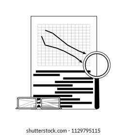 Market downward line. Vector chart arrow down and magnifying glass illustration