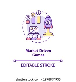 Market driven games concept icon. Video games types. Creating product to earn money. Increasing budget idea thin line illustration. Vector isolated outline RGB color drawing. Editable stroke