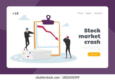 Market Drop, Fall and Depreciation Landing Page Template. Depressed Business Men Characters Looking at Falling Down Red Arrow. Investor Lose Money on Stock, Crisis. Cartoon People Vector Illustration