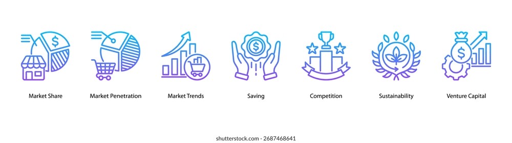 Market Dynamics web banner icon vector illustration featuring Market Share, Market Penetration, Market Trends, Saving, Competition, Sustainability, and Venture Capital.