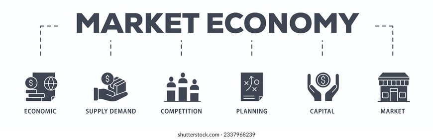 Banner de la economía de mercado icono de la web de la ilustración vectorial con icono de la economía, la demanda de oferta, la competencia, la planificación, el capital, el mercado