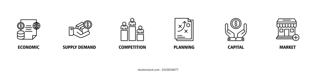 Ícone web do banner da economia de mercado define o conceito da ilustração do vetor com o ícone da economia, da demanda da oferta, da concorrência, do planejamento, do capital, dos ícones do mercado símbolo infográficos fundo