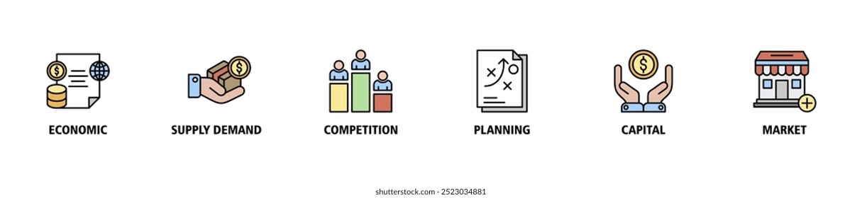 Ícone web do banner da economia de mercado define o conceito da ilustração do vetor com o ícone da economia, da demanda da oferta, da concorrência, do planejamento, do capital, dos ícones do mercado símbolo infográficos fundo