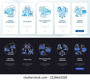 Market economy disadvantage night, day mode onboarding mobile app screen. Walkthrough 5 steps graphic instructions pages with linear concepts. UI, UX, GUI template. Myriad Pro-Bold, Regular fonts used