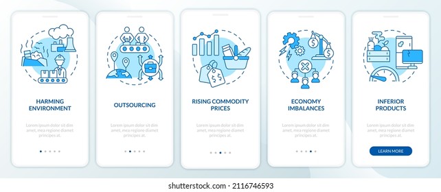 Market economy disadvantages blue onboarding mobile app screen. Walkthrough 5 steps graphic instructions pages with linear concepts. UI, UX, GUI template. Myriad Pro-Bold, Regular fonts used
