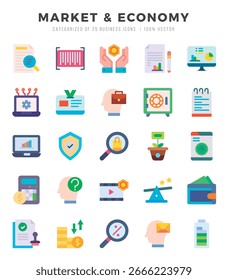 Elementos de Mercado y Economía. Conjunto de iconos de Web plano. Simple Ilustración vectorial.