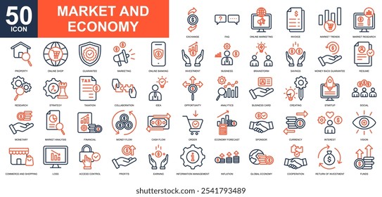 Conjunto de coleta de ícones Mercado e Economia. Pesquisa de mercado, fundos, tendências de mercado, análise de mercado, financeiro, previsão da economia, ícone de moeda. Vetor de cor de linha simples.