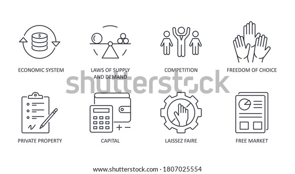 Market economy icons. Vector set icon financial\
symbol editable stroke. Economic system, laws of supply and demand\
private property freedom of choice. Competition free market laissez\
faire capital.