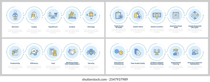 Market economy infographics set. Business management. Customer service. Flow charts infocharts with steps. Editable vector info graphics icons collection