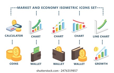 Conjunto de iconos 3D isométricos de mercado y economía. contienen símbolos monetarios, gráficos de barras, ilustraciones de dinero y más. Ideal para kit de UI o UX, desarrollo de Web y App. Vector EPS 10.