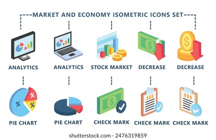 Isometrischer 3D-Symbolsatz für Markt und Wirtschaft. Enthält Währungssymbole, Balkendiagramme, Geldabbildungen und mehr. Am besten für UI- oder UX-Kit, Web- und App-Entwicklung. Vektorgrafik EPS 10.