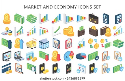 Market and economy isometric icon set. contain currency symbols, bar charts, money illustrations and more. best for UI or UX kit, web and app development. vector EPS 10.