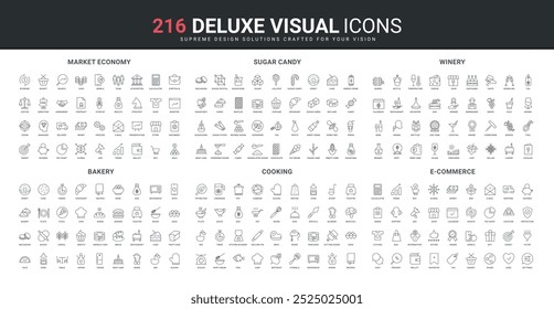 Estrategia de economía de mercado y monitor de tendencias, anuncios y Asistencia de comercio electrónico, conjunto de iconos de línea de panadería. Ingredientes de alimentos y equipos de cocina para cocinar, bodega delgada Ilustración vectorial de símbolos de contorno negro