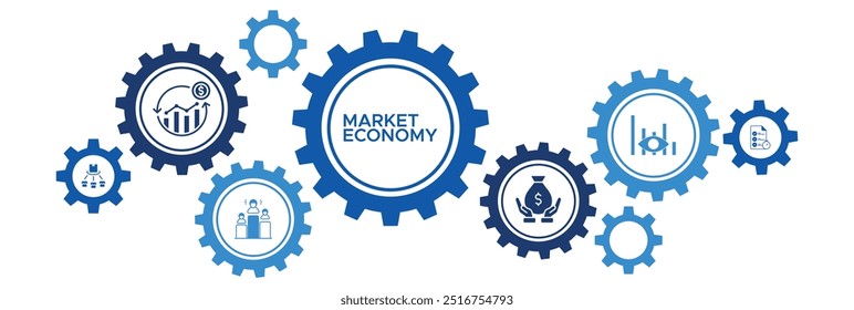 Concepto de ícono de Web de economía de mercado con oferta, demanda, planificación económica, competencia de capital y análisis de negocios