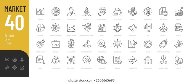 
Conjunto de iconos editables de mercado. Ilustración vectorial en estilo de línea delgada moderna de iconos relacionados con negocios: empresa, presupuesto, ventas y más. Aislado sobre fondo transparente.
