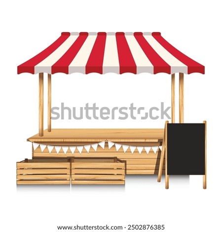Market empty wooden stall with flags and chalk board on white background.