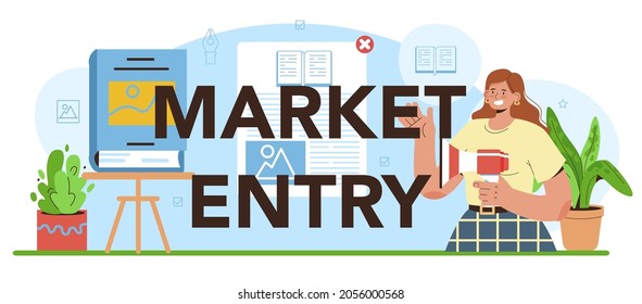 Market entry typographic header. Publisher working on book, newspaper and magazine. Printed materials production and advertising. Publishing house profession. Flat vector illustration