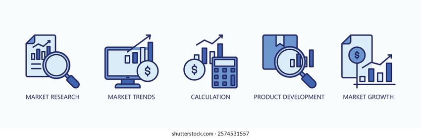 Market Evolution Icon Set Isolated Vector With Icon Of Market Research, Market Trends, Calculation, Product Development, Market Growth In Blue Style