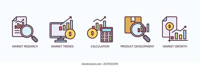 Market Evolution Icon Set Isolated Vector With Icon Of Market Research, Market Trends, Calculation, Product Development, Market Growth In Outline Color Style