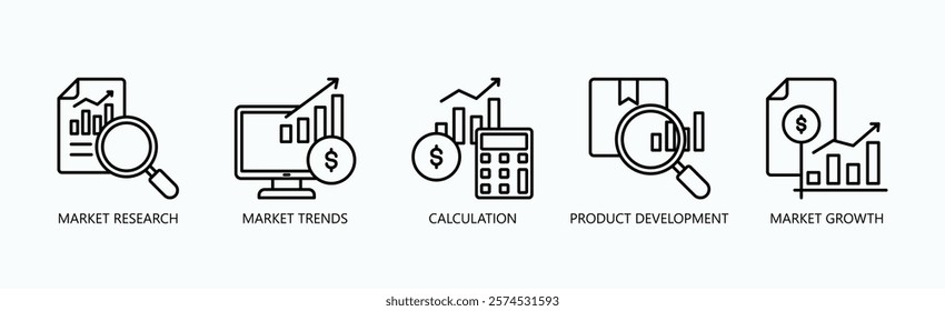 Market Evolution Icon Set Isolated Vector With Icon Of Market Research, Market Trends, Calculation, Product Development, Market Growth In Outline Style