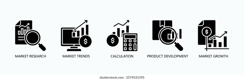 Market Evolution Icon Set Isolated Vector With Icon Of Market Research, Market Trends, Calculation, Product Development, Market Growth In Glyph Style