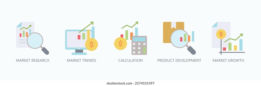 Market Evolution Icon Set Isolated Vector With Icon Of Market Research, Market Trends, Calculation, Product Development, Market Growth In Flat Style