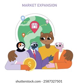 Market expansion concept. Illustration featuring diverse characters around a globe with business elements indicating growth. Represents collaboration, strategy, and global reach in business. Vector