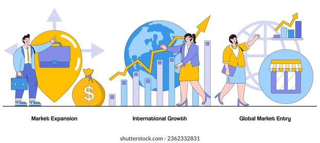 Expansión del mercado, crecimiento internacional, concepto de entrada al mercado mundial con carácter. Conjunto de ilustraciones vectoriales abstractas de negocios globales. Penetración del mercado, adaptación cultural, paisaje competitivo.