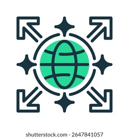 Ícone da linha de expansão do mercado, símbolo da estrutura de tópicos para crescimento dos negócios, alcance global, novas oportunidades, desenvolvimento estratégico e progresso econômico. Ícone de sinal vetorial.