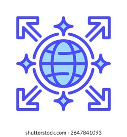 Ícone da linha de expansão do mercado, símbolo da estrutura de tópicos para crescimento dos negócios, alcance global, novas oportunidades, desenvolvimento estratégico e progresso econômico. Ícone de sinal vetorial.