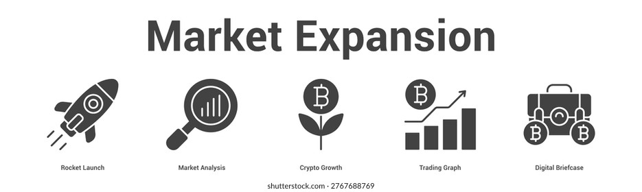 Market Expansion web banner icon set vector illustration concept for business with icon of Rocket Launch, Market Analysis, Crypto Growth, Trading Gra.
