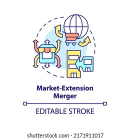 Market extension merger concept icon. Same products, different markets. Merger type abstract idea thin line illustration. Isolated outline drawing. Editable stroke. Arial, Myriad Pro-Bold fonts used